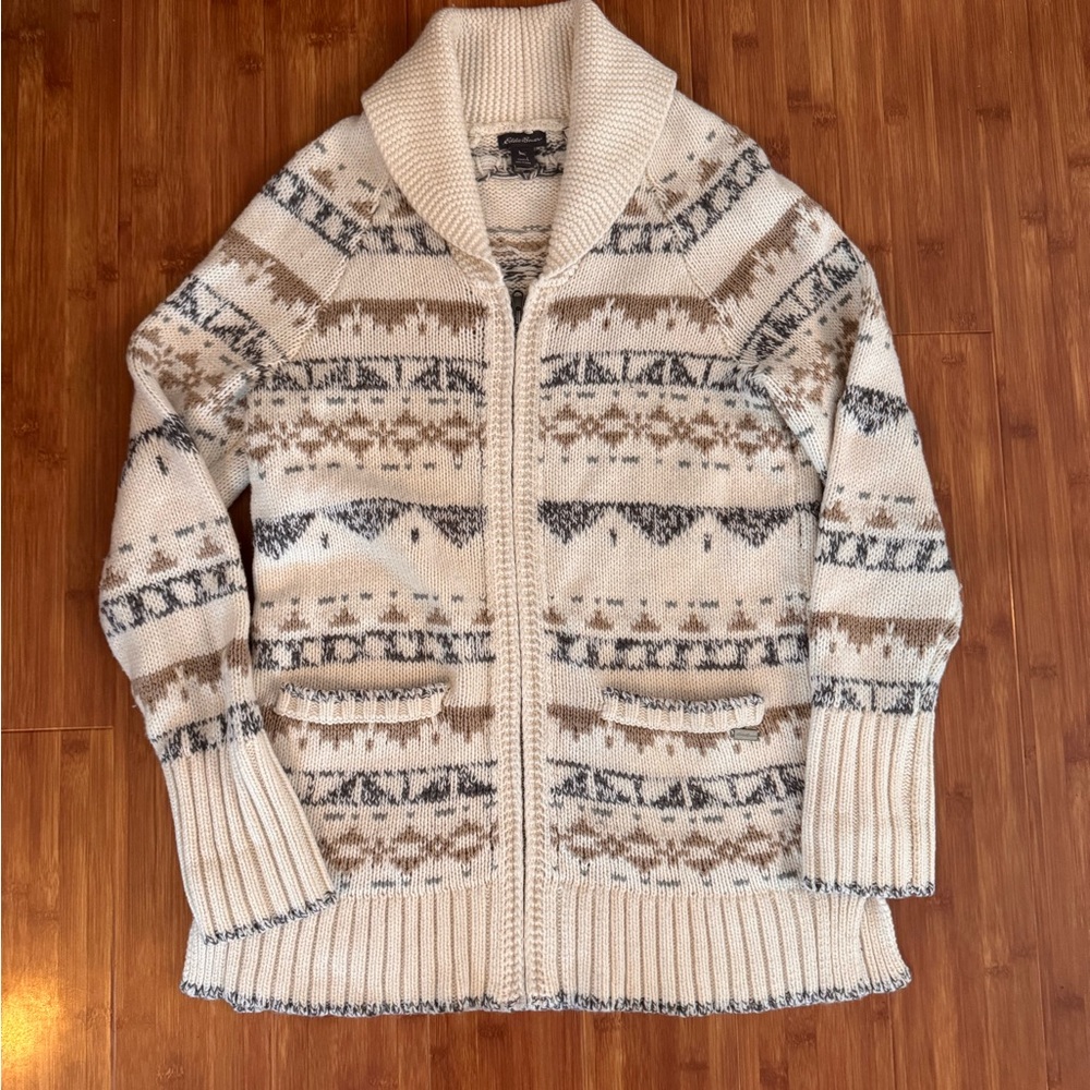 Eddie Bauer Women’s Beige and Brown Zip-Up Sweater